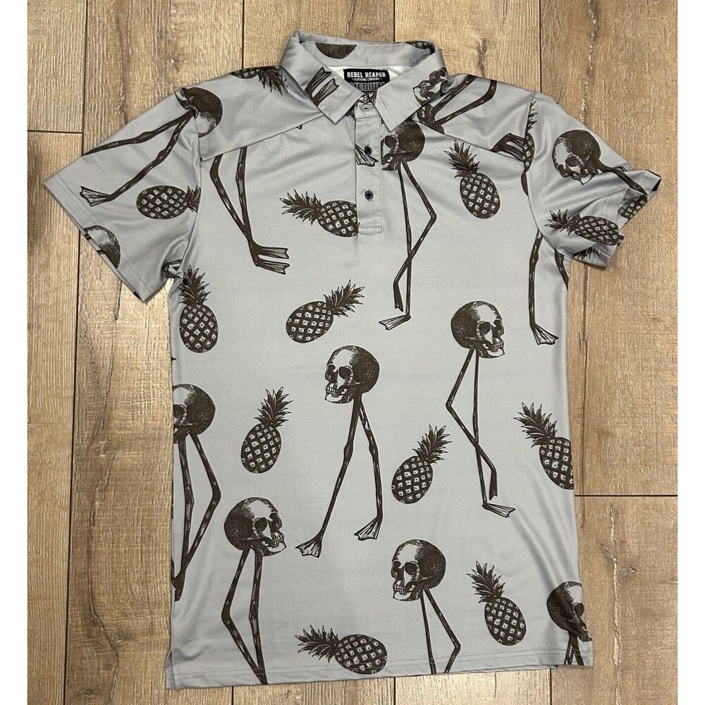 Rebel Reaper Clothing Company Men’s Medium Skull & Pineapple All Over Gray Polo